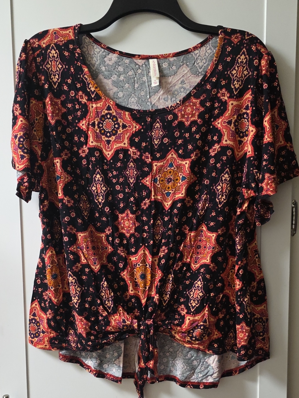 Xhilaration Black Top with Orange and Pink Medallion Print and Front Tie Size X